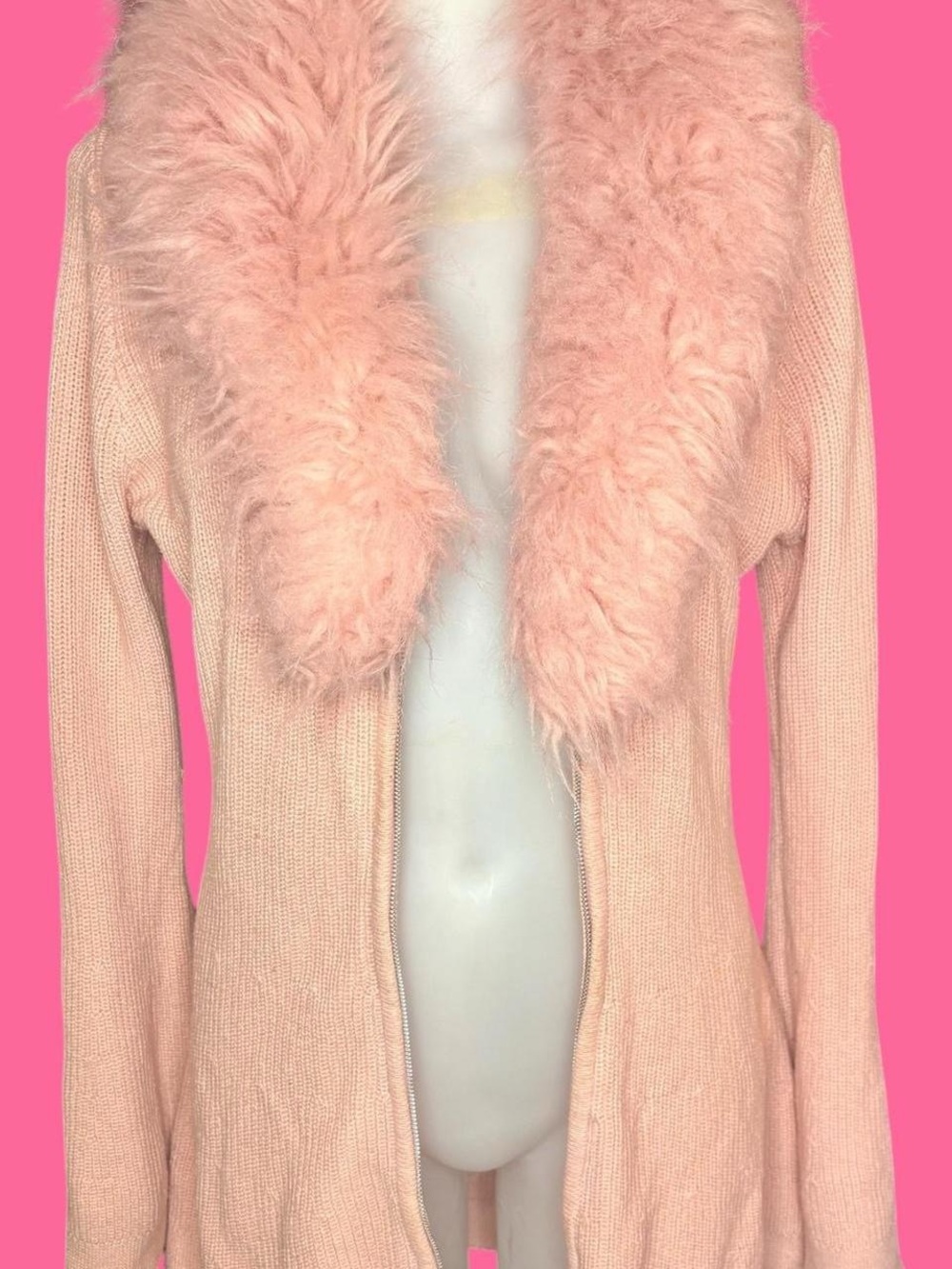 Boston Proper pink faux fur trim cardigan duster